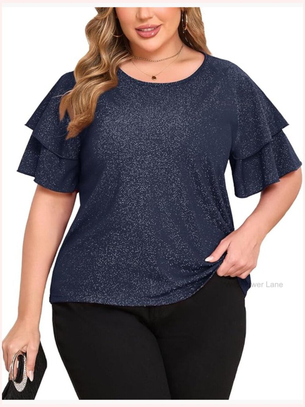 Plus Size Glitter Blouse Short Ruffle Sleeves Dressy Top Elegant Party Shirt